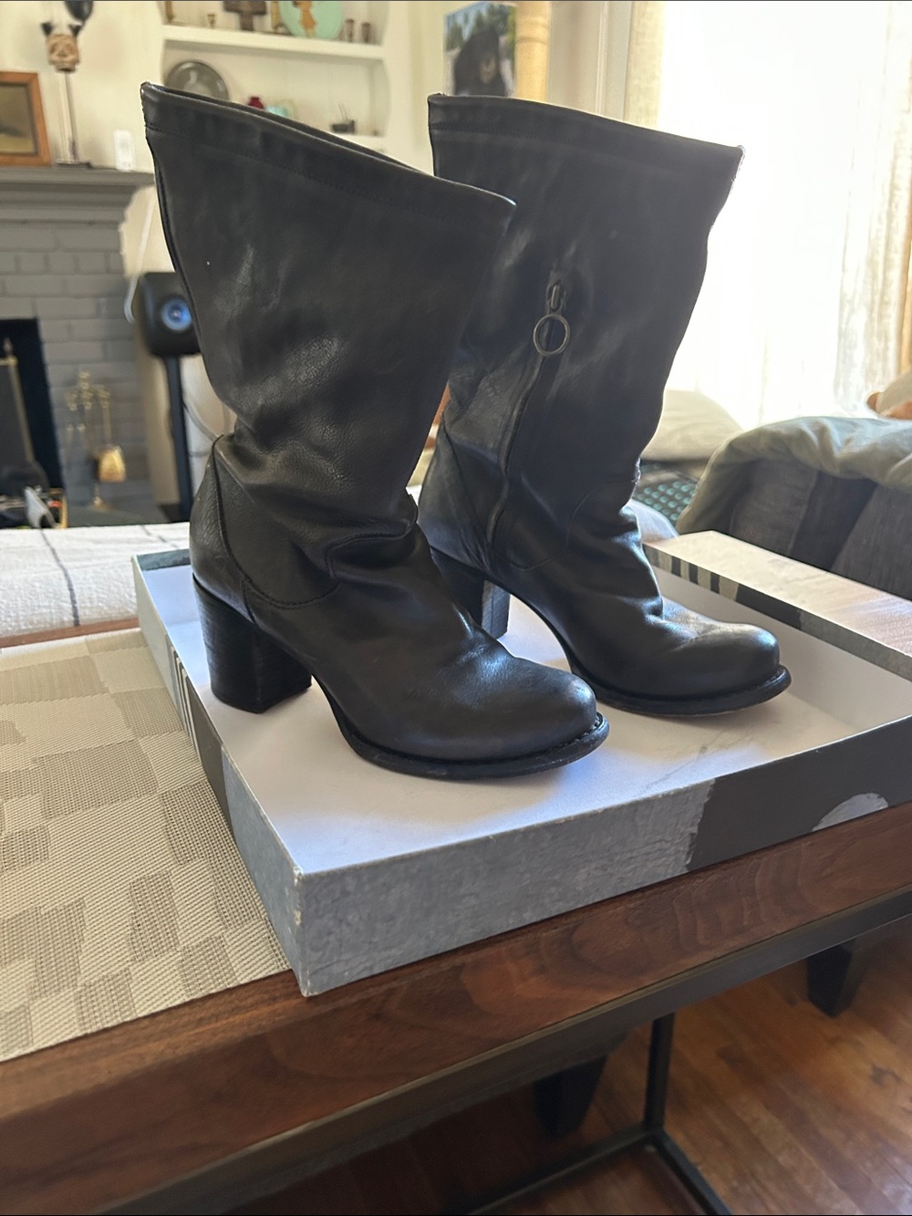 Fiorentini + Baker Black Leather Mid-Calf Slouch Heel Boots